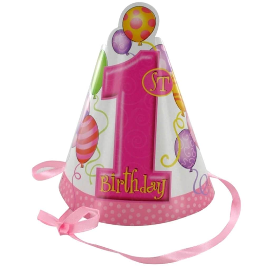 Pink Balloons 1st Birthday Party Hats 8ct