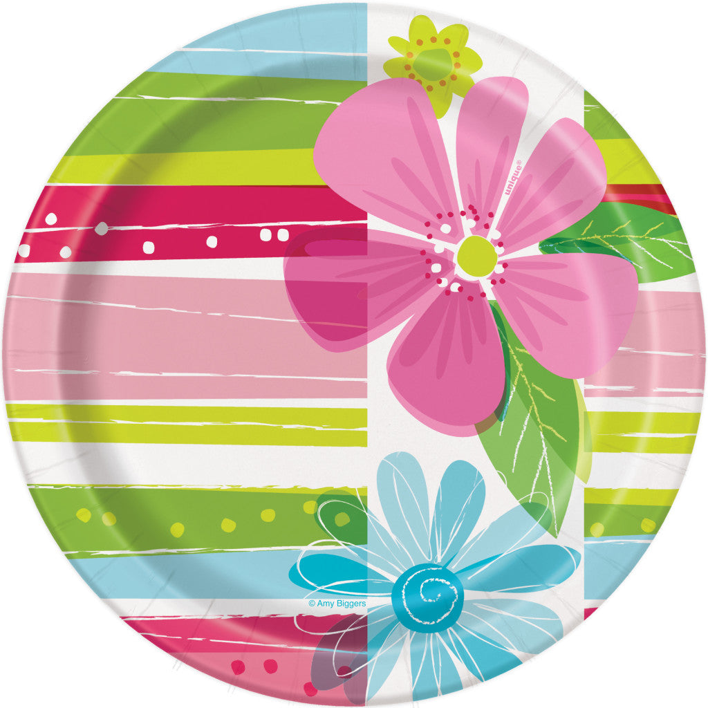 Round Dessert Plates 7in 8ct, Striped Spring Flowers 