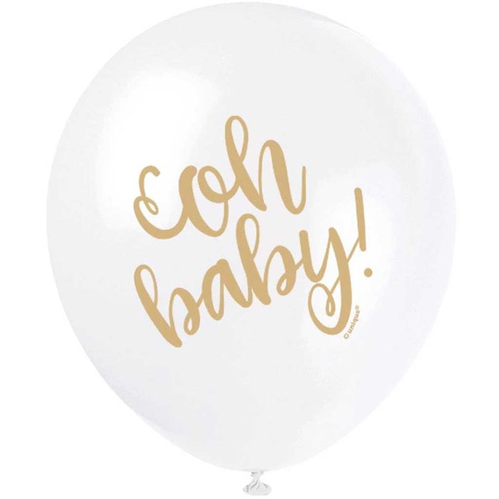 Latex Balloons 12in 8ct, White Gold "Oh Baby" Baby Shower 