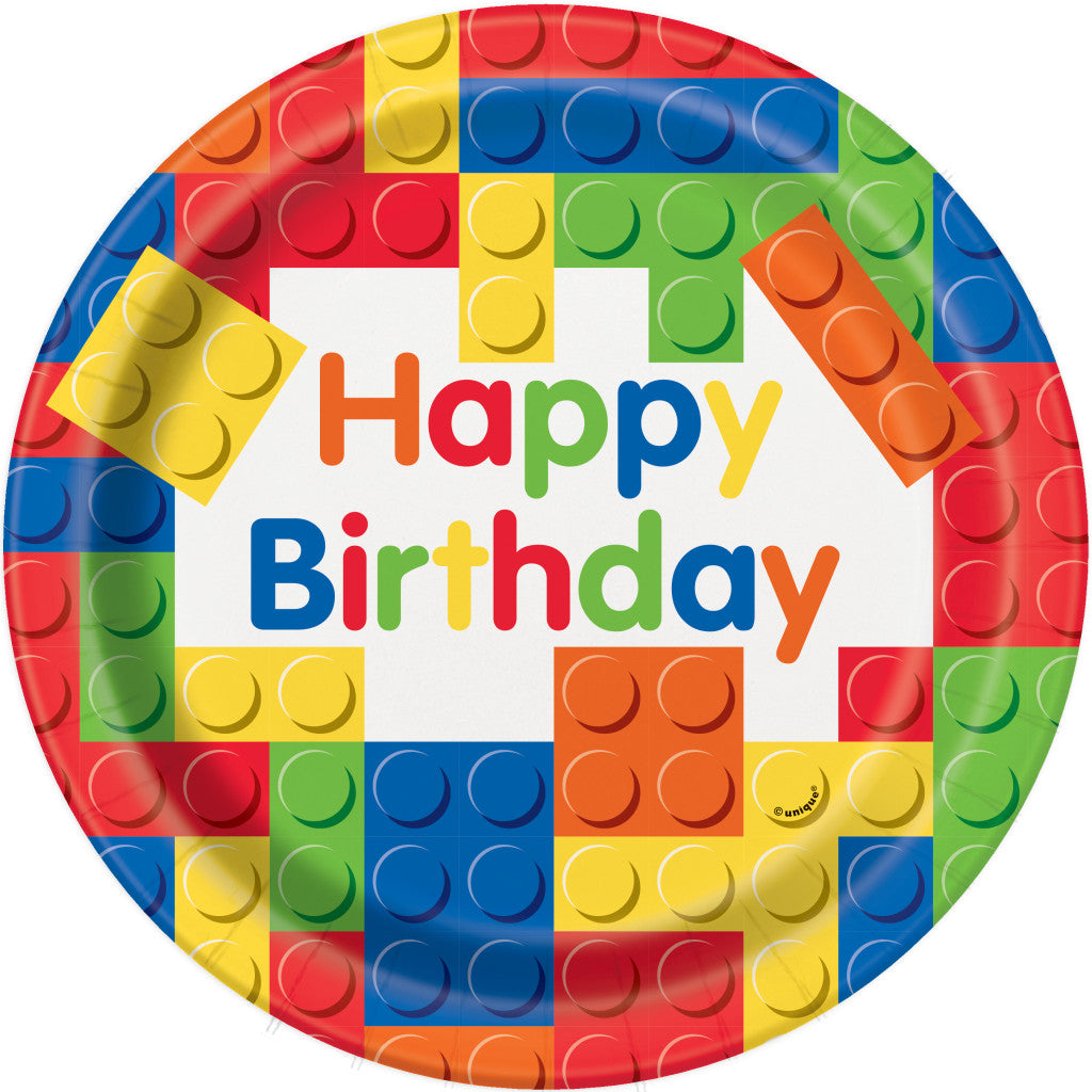 Round Dinner Plates 9in 8ct, Building Blocks Birthday 