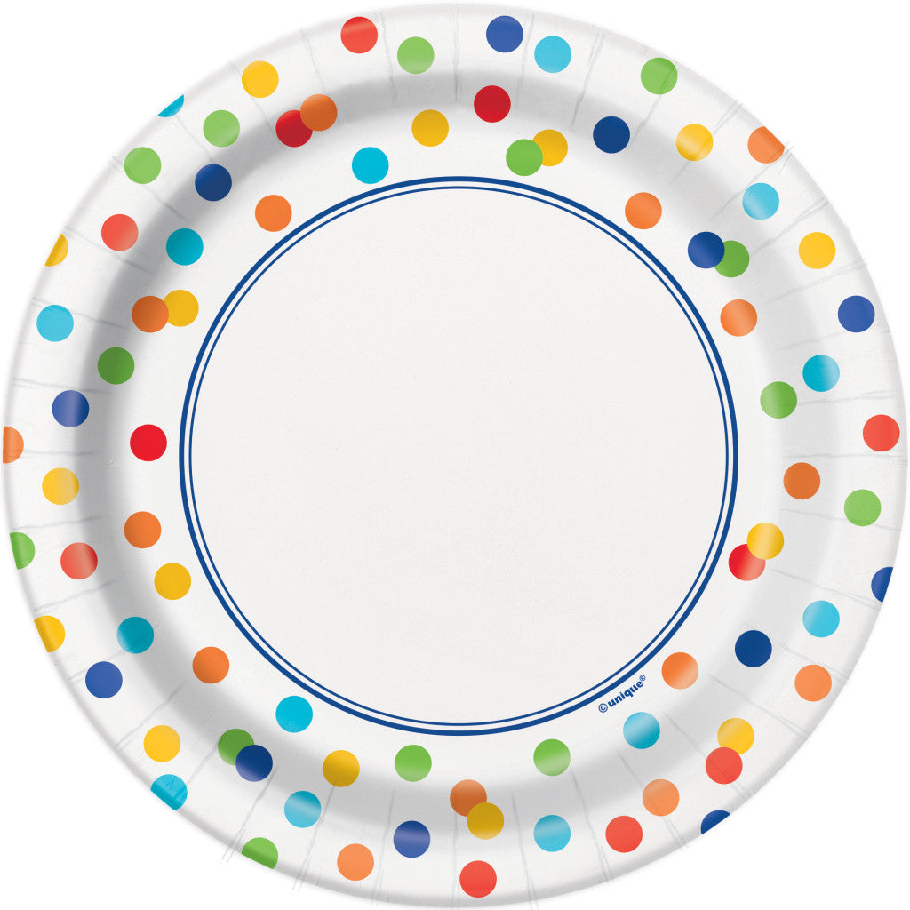 Round Dessert Plates 7in 8ct, Rainbow Polka Dots 