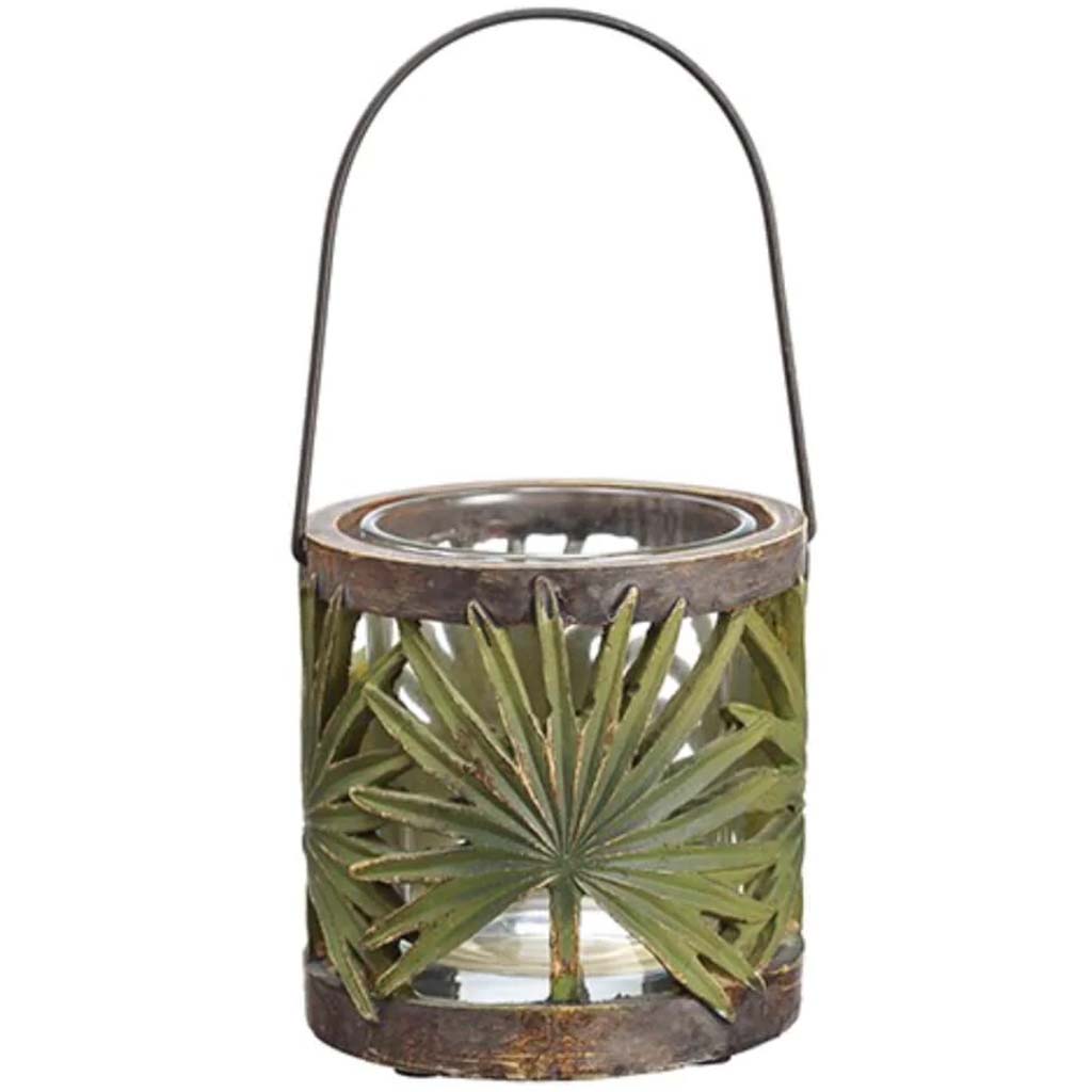 Palm Leaf Candleholder 3.5in x 3.5in with Glass Green