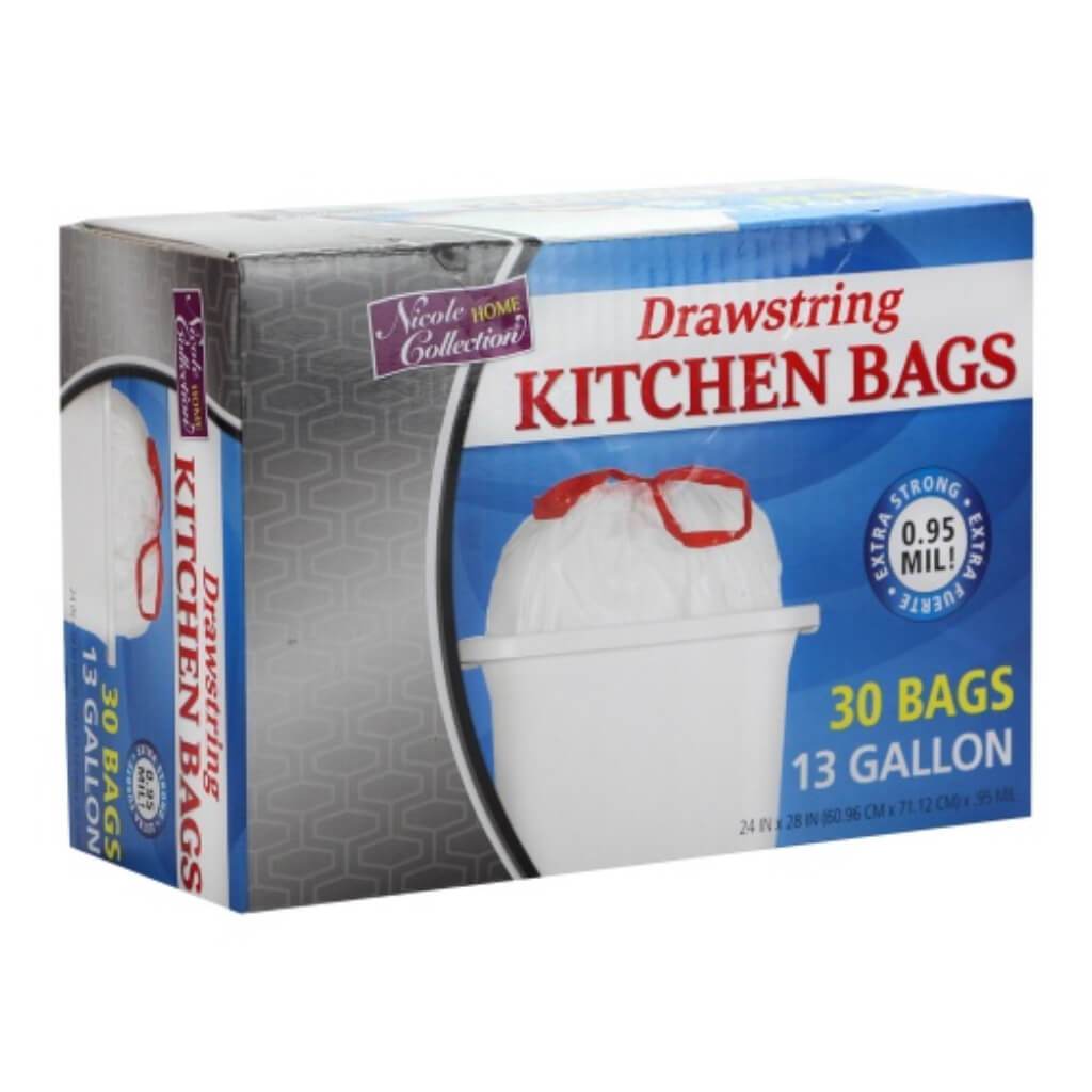 Drawstring Kitchen Trash Bags White 30 Count 13 Gallon 