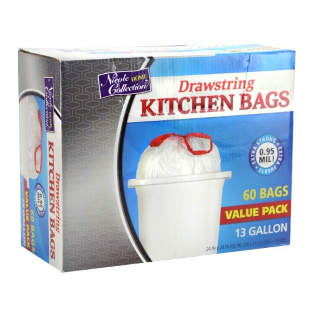 Drawstring Kitchen Trash Bags White 60 Count 13 Gallon 