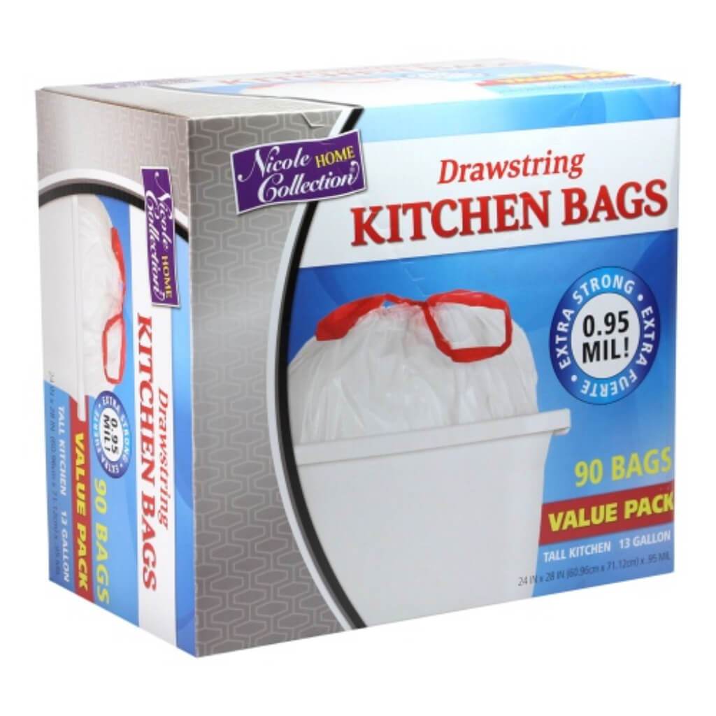 Drawstring Kitchen Trash Bags White 90 Count 13 Gallon 