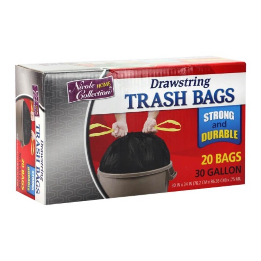 Drawstring Trash Bags Black 20 Count 30 Gallon 