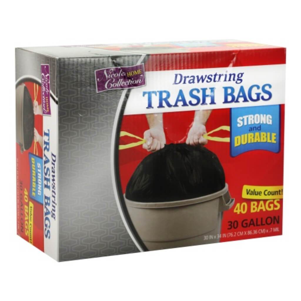 Drawstring Trash Bags Black 40 Count 30 Gallon 