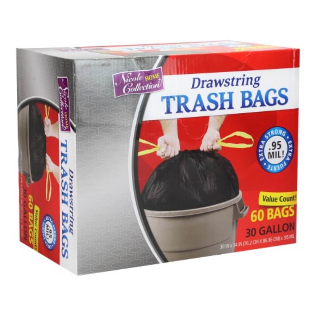 Drawstring Trash Bags Black 60 Count 30 Gallon 