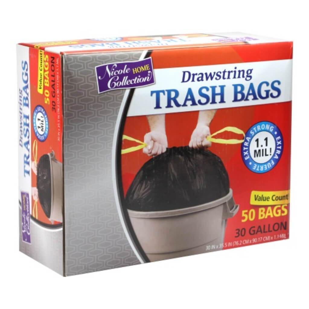 Drawstring Trash Bags Black 50 Count 30 Gallon 