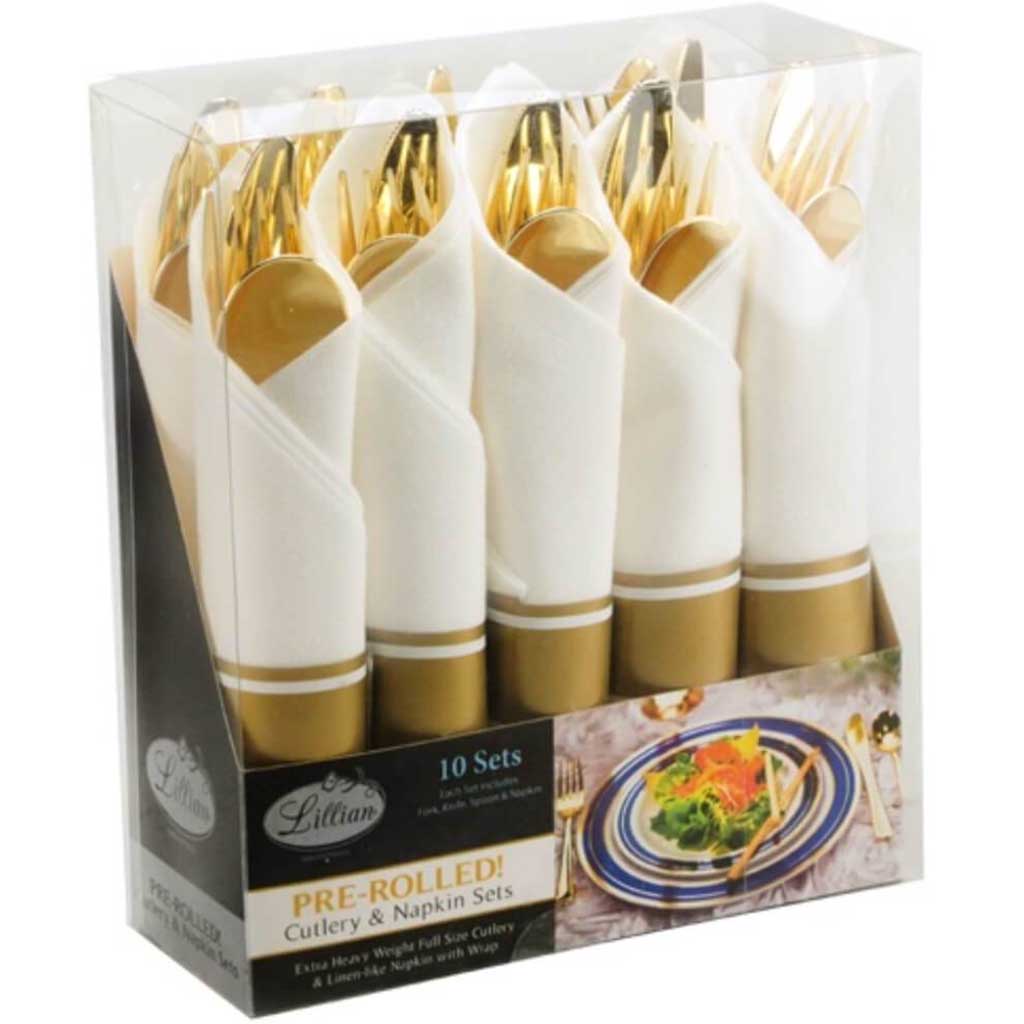 Lillian Polished Gold Pre Rolled Cutlery Combo