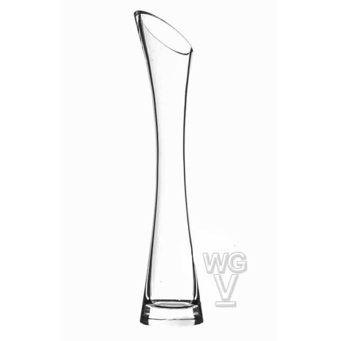 CLEAR BUD VASE WITH SLANT OPENING.OPEN: 1.5"X10"X2" 