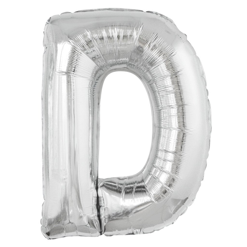 Silver Letter D Shaped Foil Balloon, 34in 