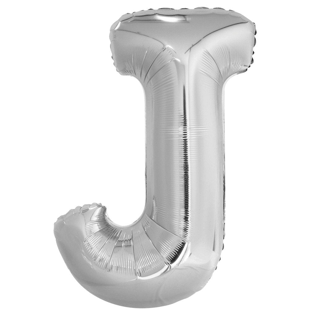 Silver Letter J Shaped Foil Balloon, 34in 