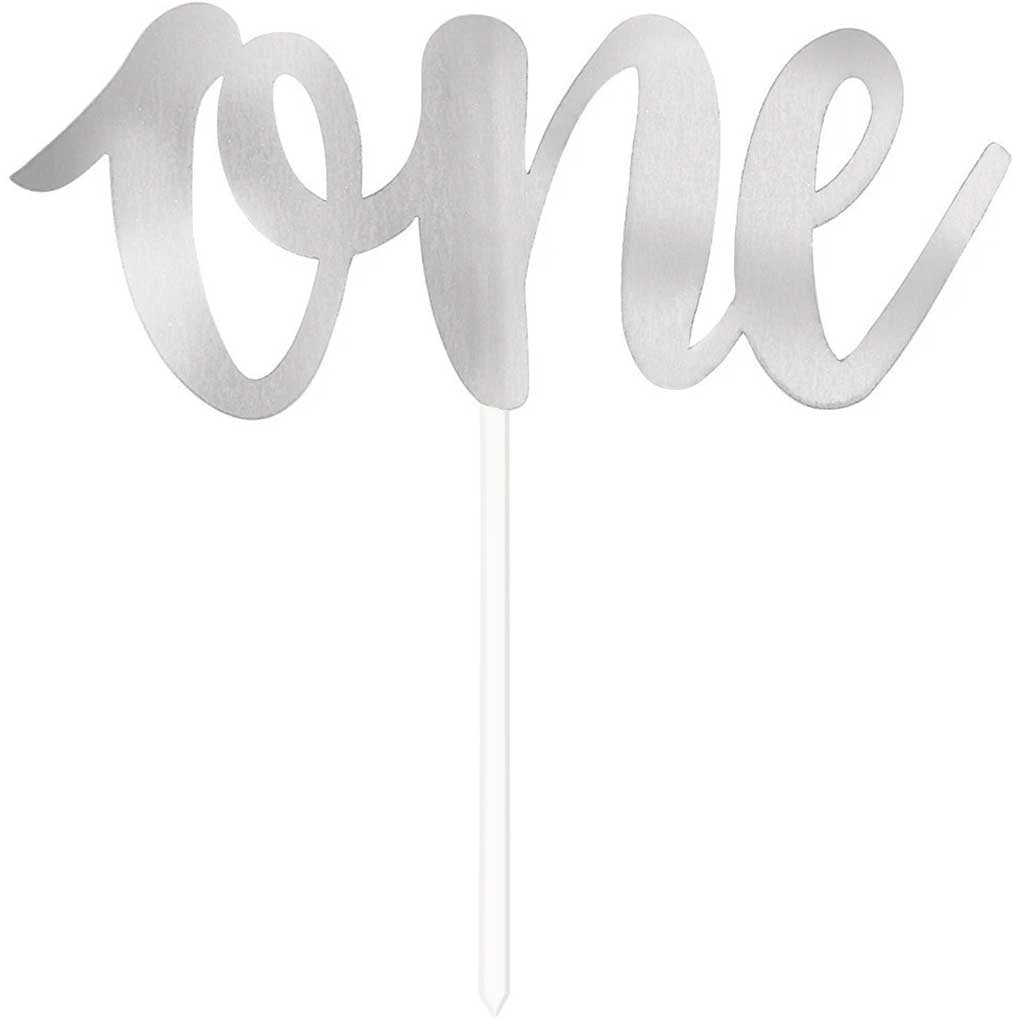Cake Topper Silver Foil Script &quot;One&quot; 