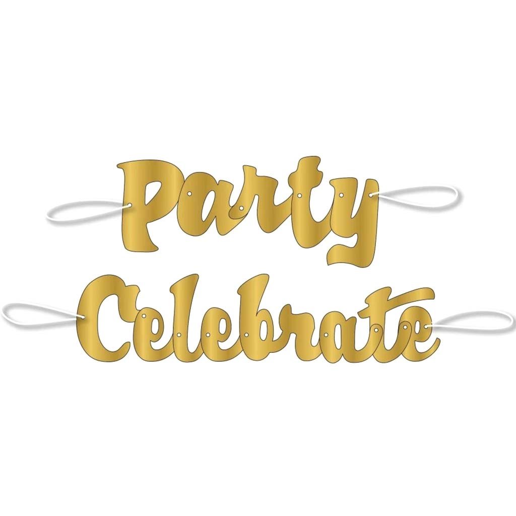 Banners &quot;Party&quot; and &quot;Celebrate&quot; Gold Script 