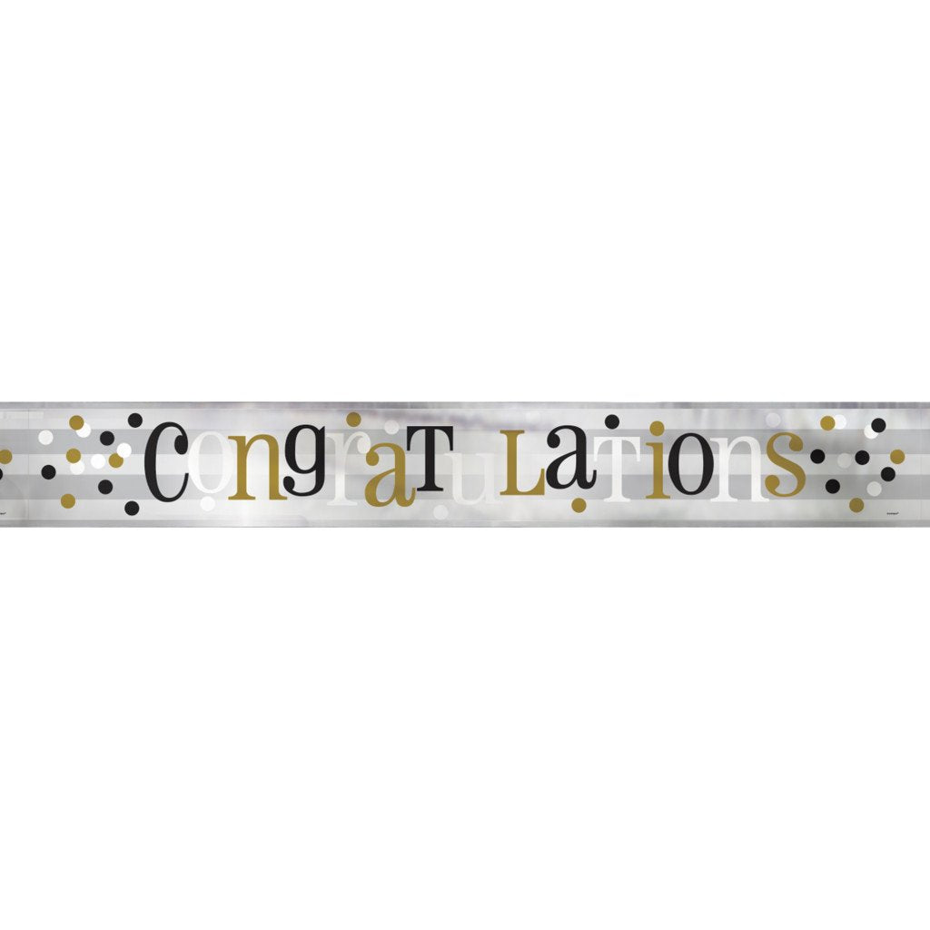 Banner 12ft, Foil Black, White &amp; Gold Congratulations 