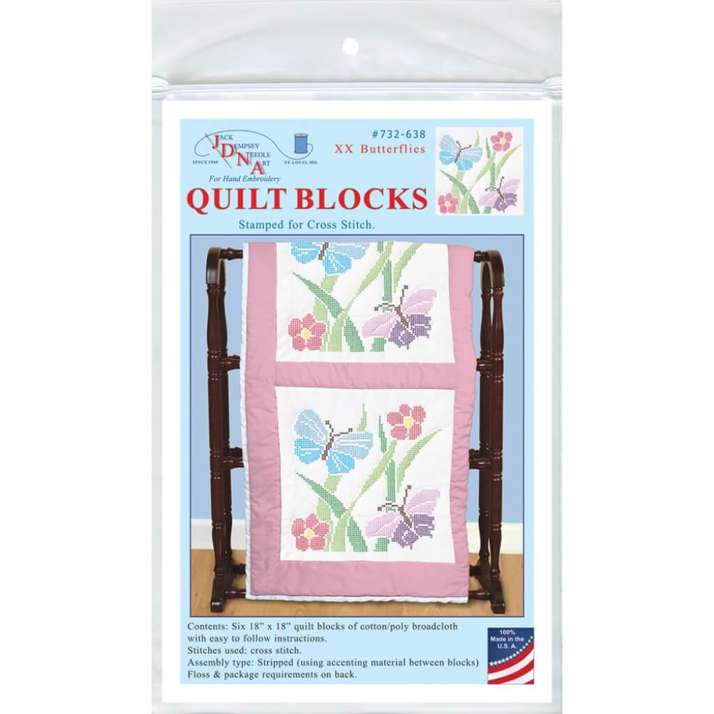 Jack Dempsey Stamped White Quilt Blocks 18in x 18in 6/Pkg XX Butterflies