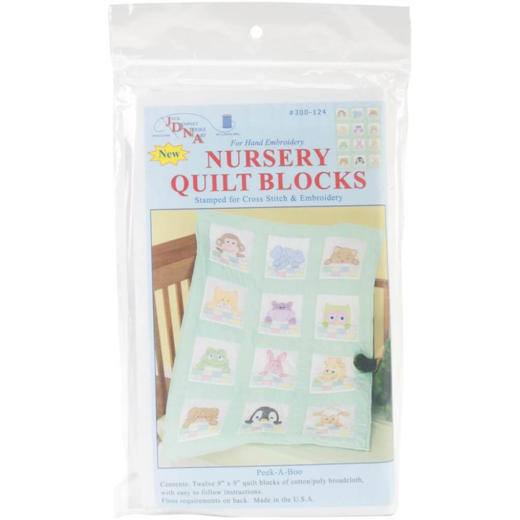 Jack Dempsey Stamped White Nursery Quilt Blocks 9in x 9in 12/Pkg Peek A Boo