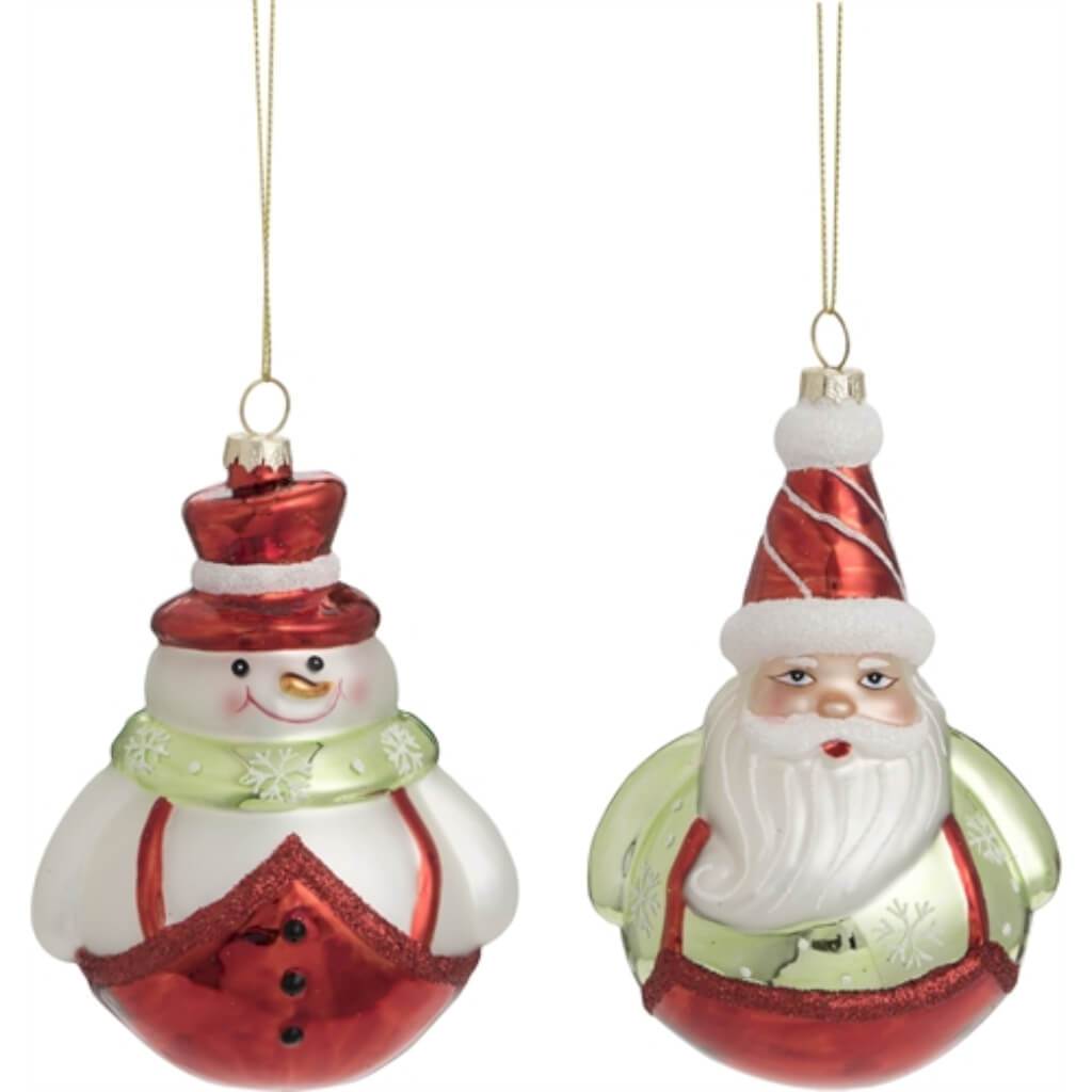 Glass Santa Snowman Ornament 2 Asst 