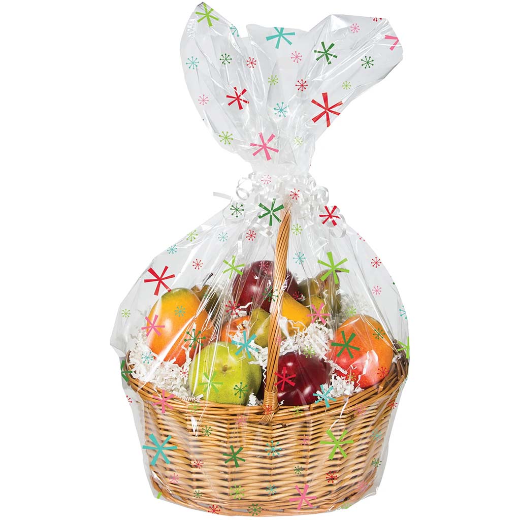 Single Clear Snowflake Print Cellophane Basket Bag for Hampers 