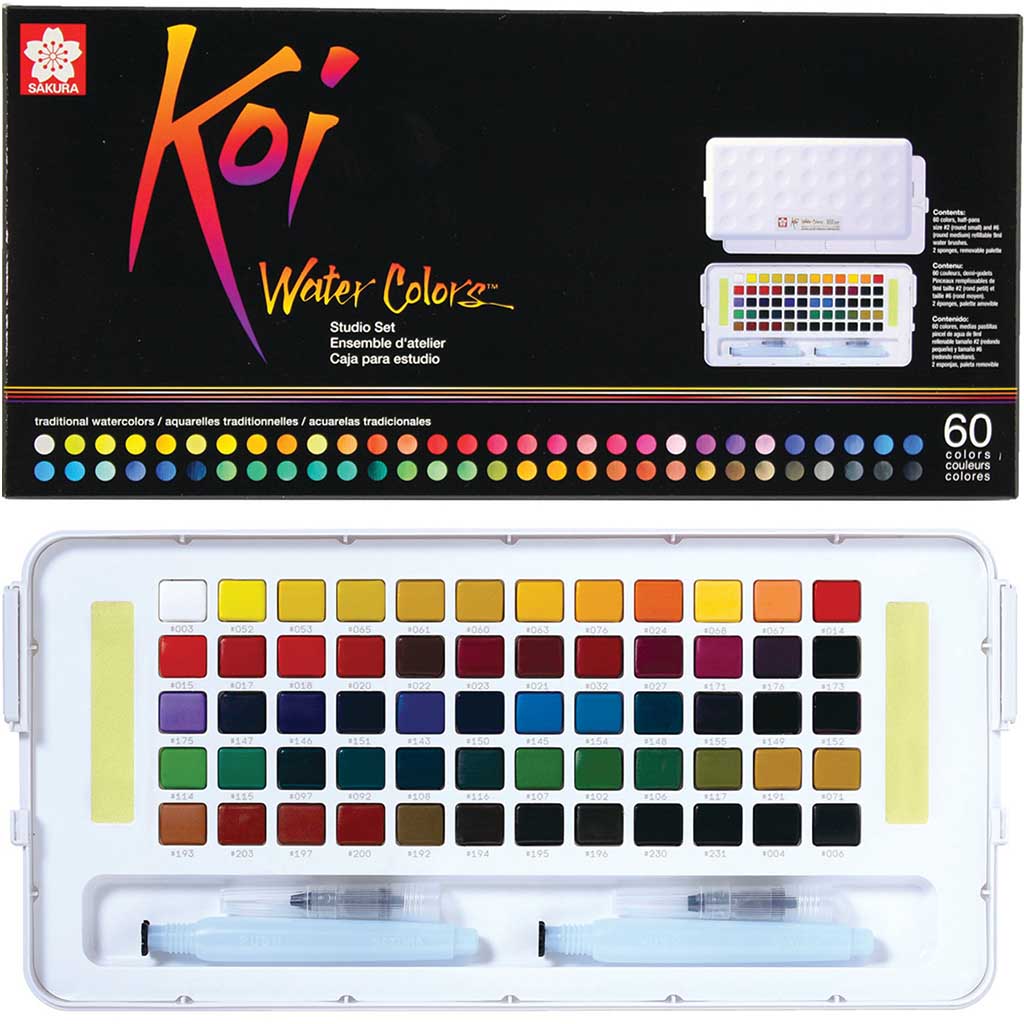 Koi Watercolors Studio Sketch Box Sets 60 Color Studio Box Set with Two Brushes