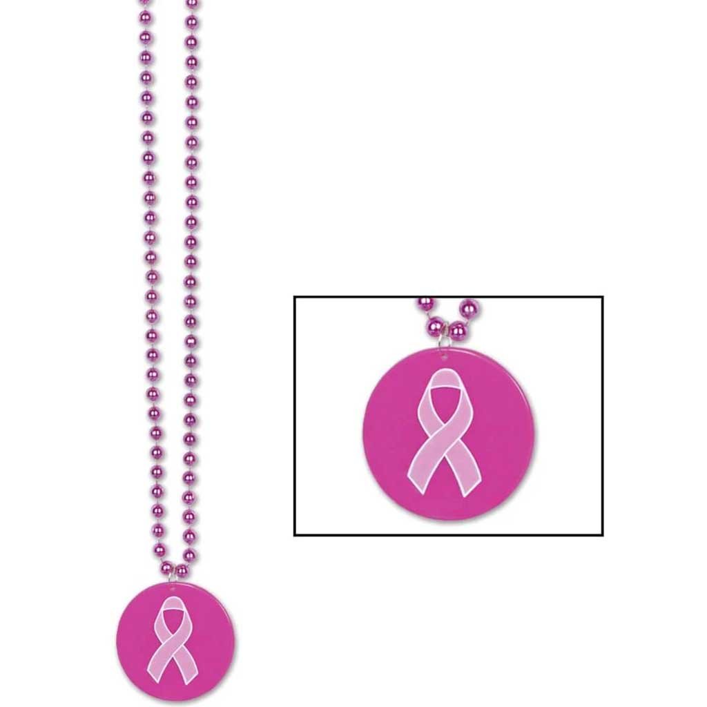 Beads with Printed Pink Ribbon Medallion 36in