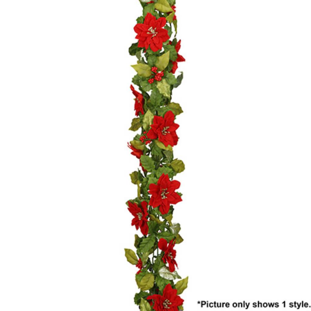 Christmas Glitz Poinsettia Garland, Red Green