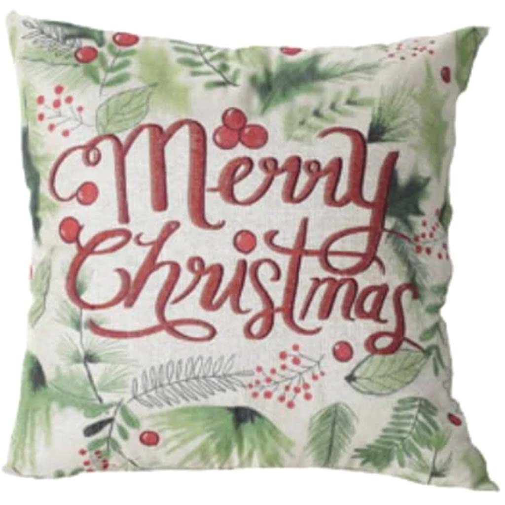 Merry Christmas Pillow with Green Foliage/Red Berries 