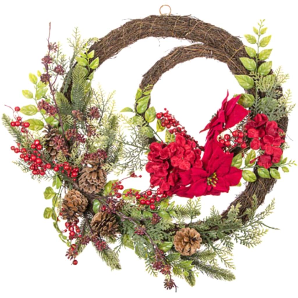 Poinsettia Wreath with Greenery 22in 