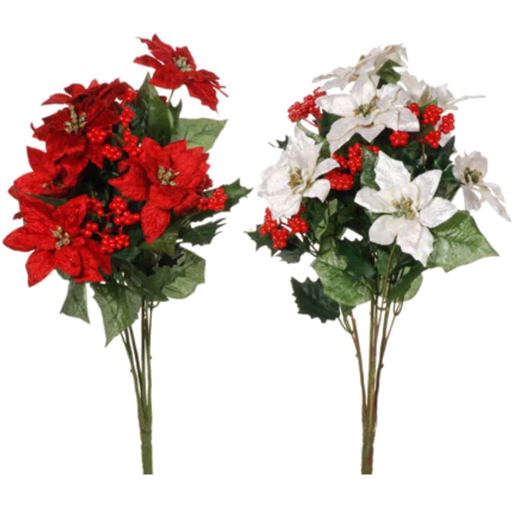 Velvet-Look Poinsettia Bushes x11 with Berries 19 inches