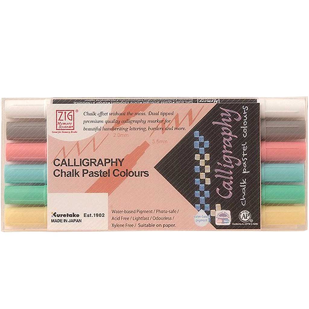 Zig Memory Calligraphy Chalk Pastel Dual-Tip Markers, Multicolor, 6-Pack 