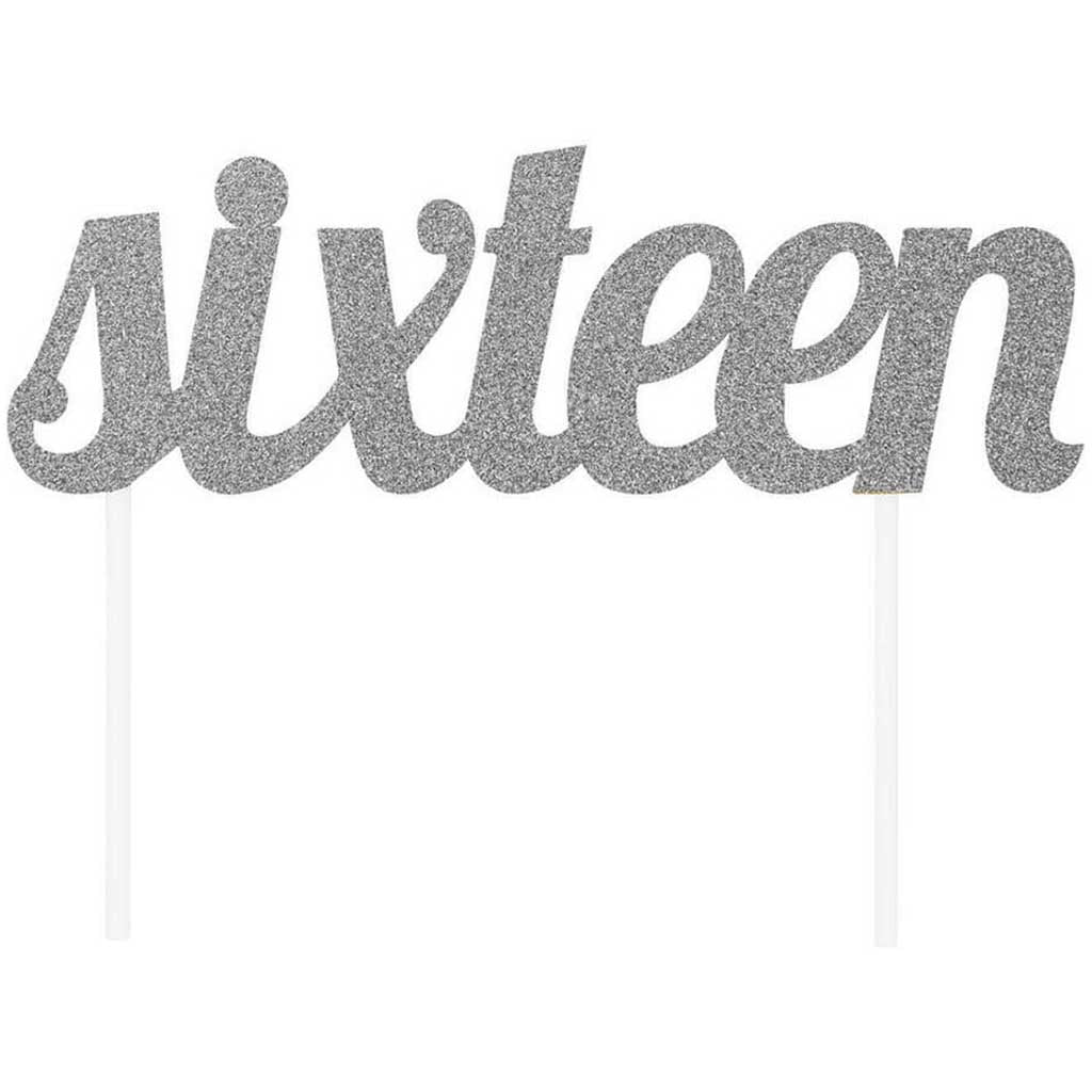 Cake Topper Sixteen Glitter Silver