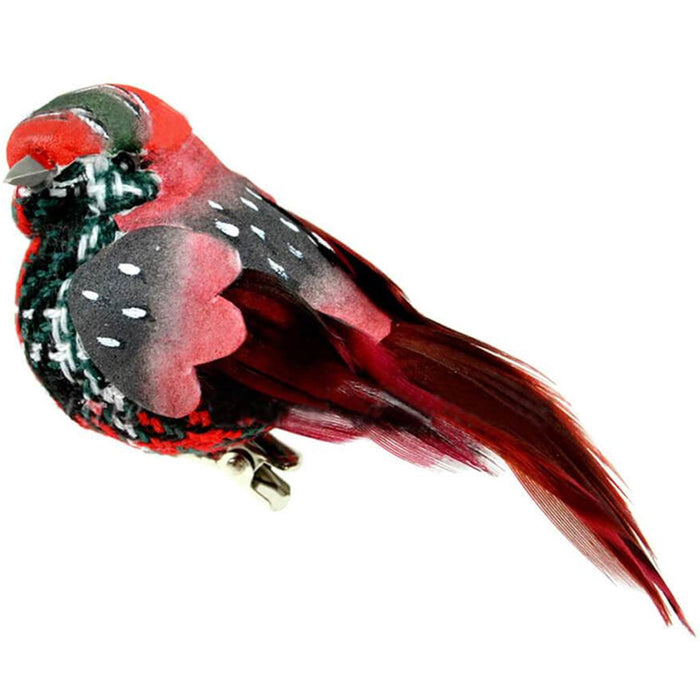 Christmas Plaid Feather Bird with Clip Red & Green 4in