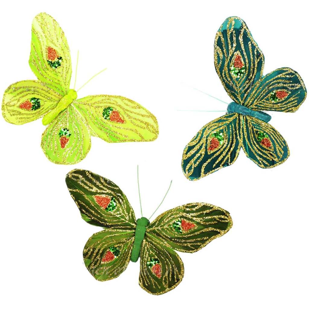 Fancy Butterfly Peacock Design Assortment Green Mix On Clip 4.25X3.5