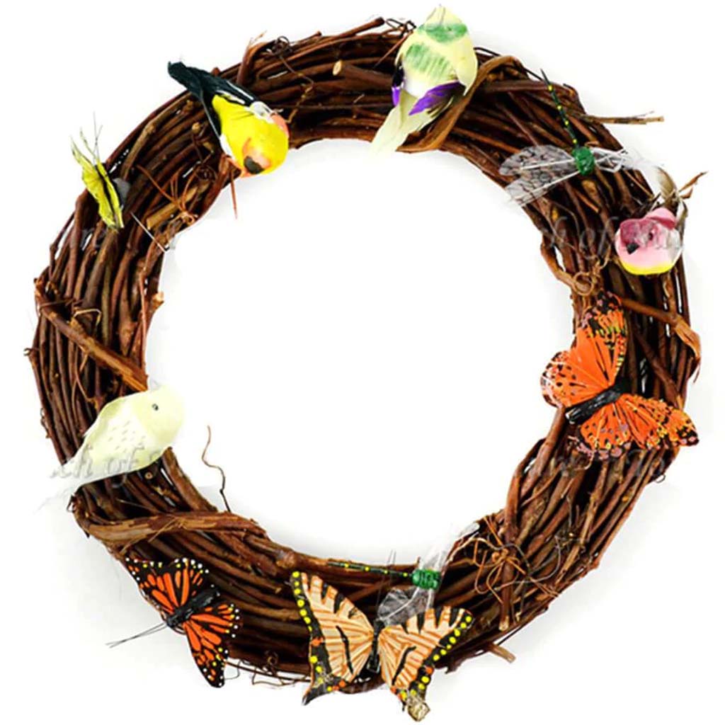 Natural Vine Wreath with 4 Birds 4 Butterflies And 1 Dragon Fly 12in