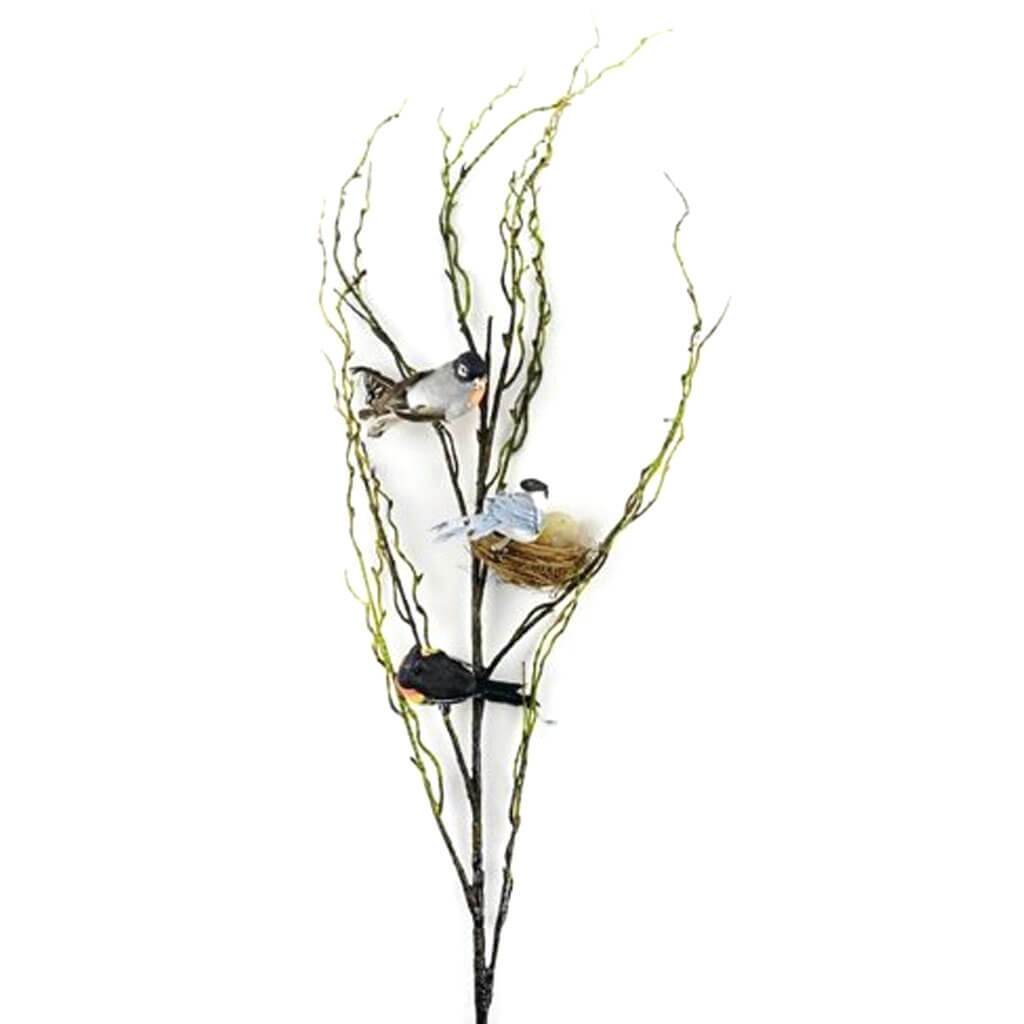 Natural Branch Stem with 3 birds and 1 nest