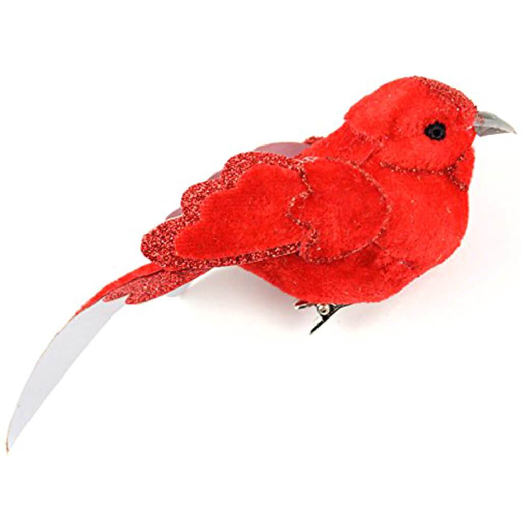 Velvet Glitter Bird on Clip 5&quot; Red