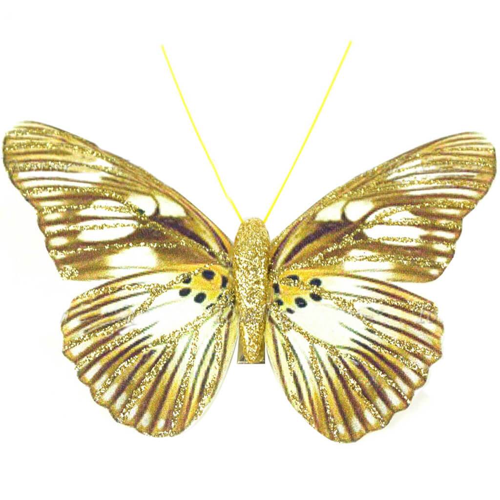 Butterfly with Gold Glitter with Clip 3.75in White and Brown