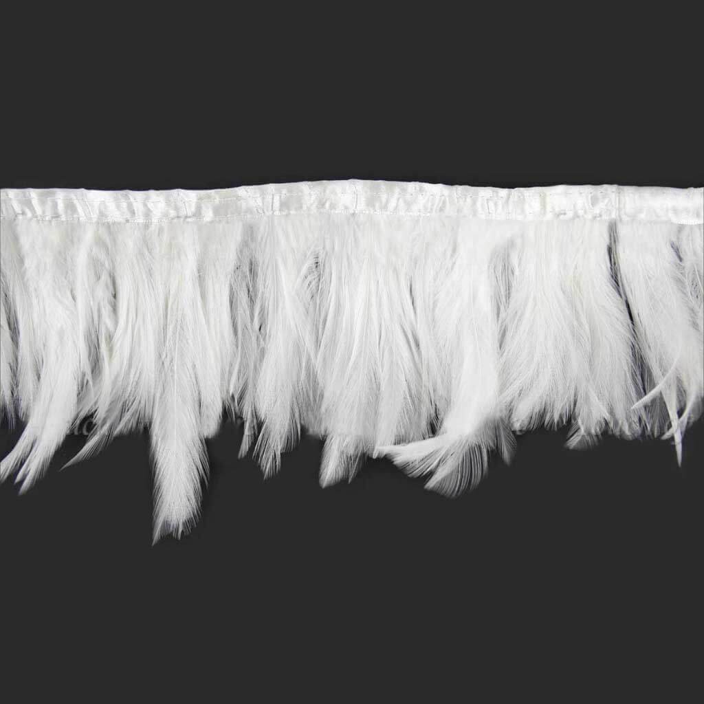 Stitched White Hackle Feathers 2yd White Satin Ribbon Edge