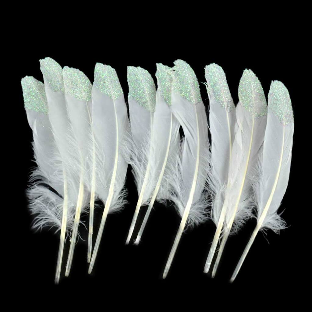 Turkey Round Feathers with Iridescent Glitter Tips 7-8in White