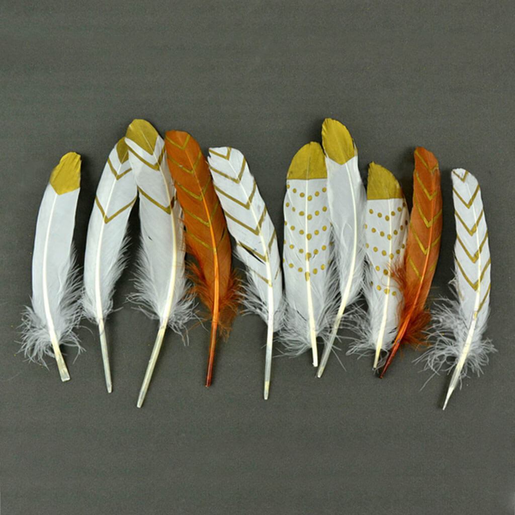 Turkey Round Feather Assorted with Gold Print White And Rust 6-8in