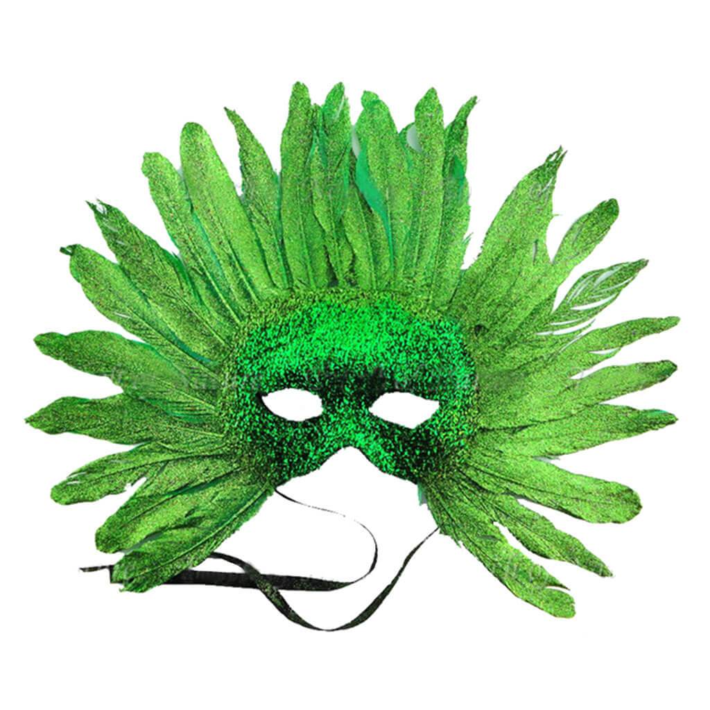 Tinsel Half Mask Green with Green Cocktail Feathers Black Ribbon 8In