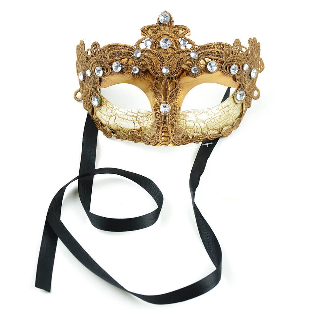 Gold Deco Mask With Lace with Black Ribbon Ties 8in