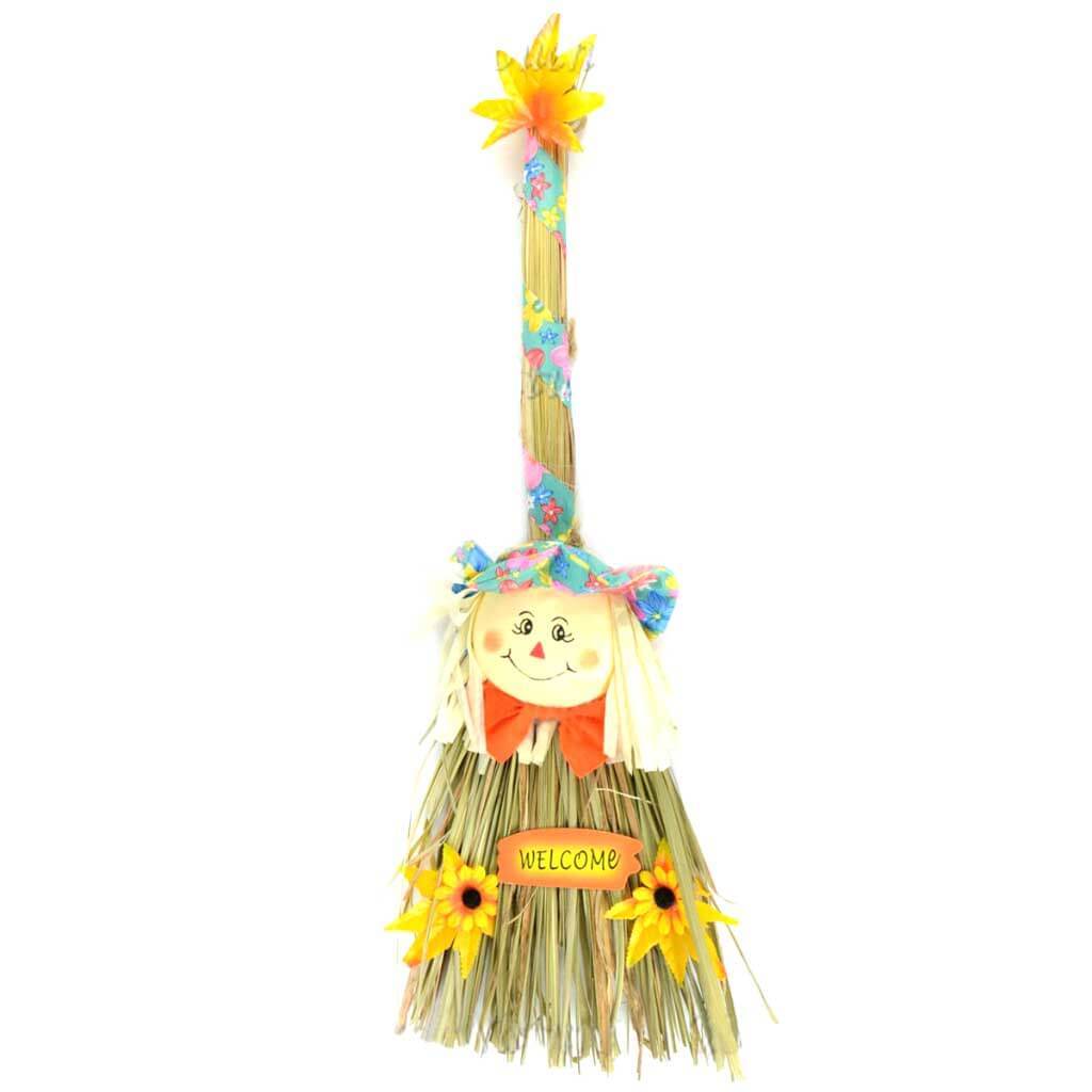 Welcome&#39; Straw Broom with Scarecrow 24in