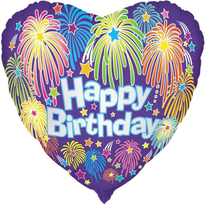Heart Birthday Fireworks Round Foil Balloon 18in 