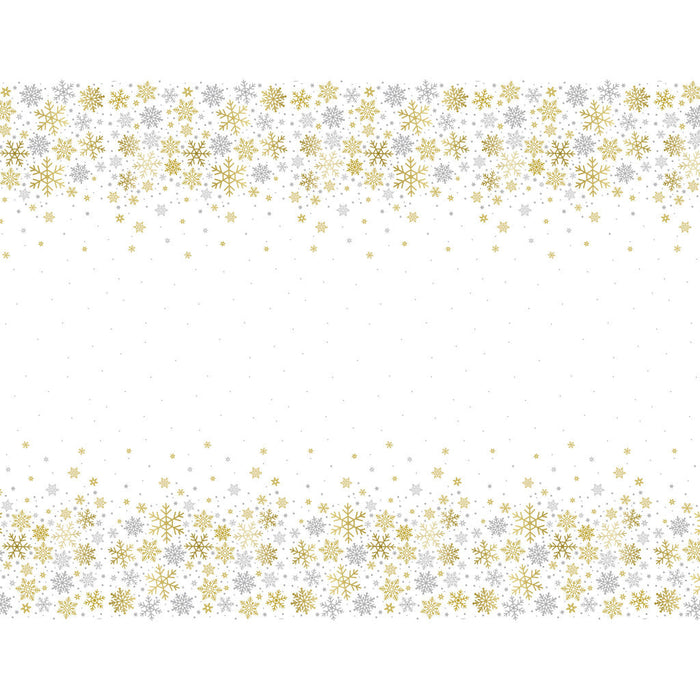 Reactangular Table Cover 54in x 84in Silver & Gold Holiday Snowflakes 