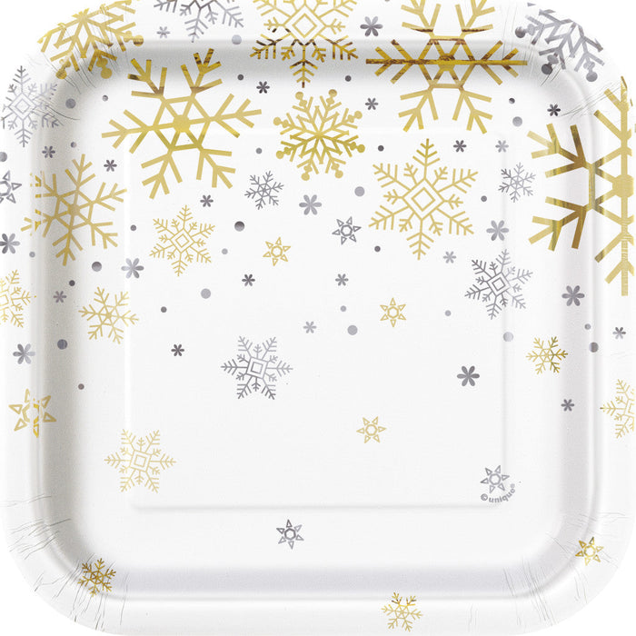 Holiday Snowflakes Square 7in Dessert Plates, 8ct Silver & Gold 