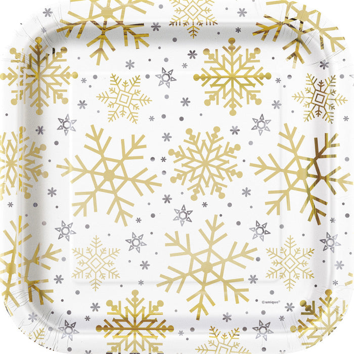 Silver & Gold Holiday Snowflakes Square 9in Dinner Plates, 8ct 