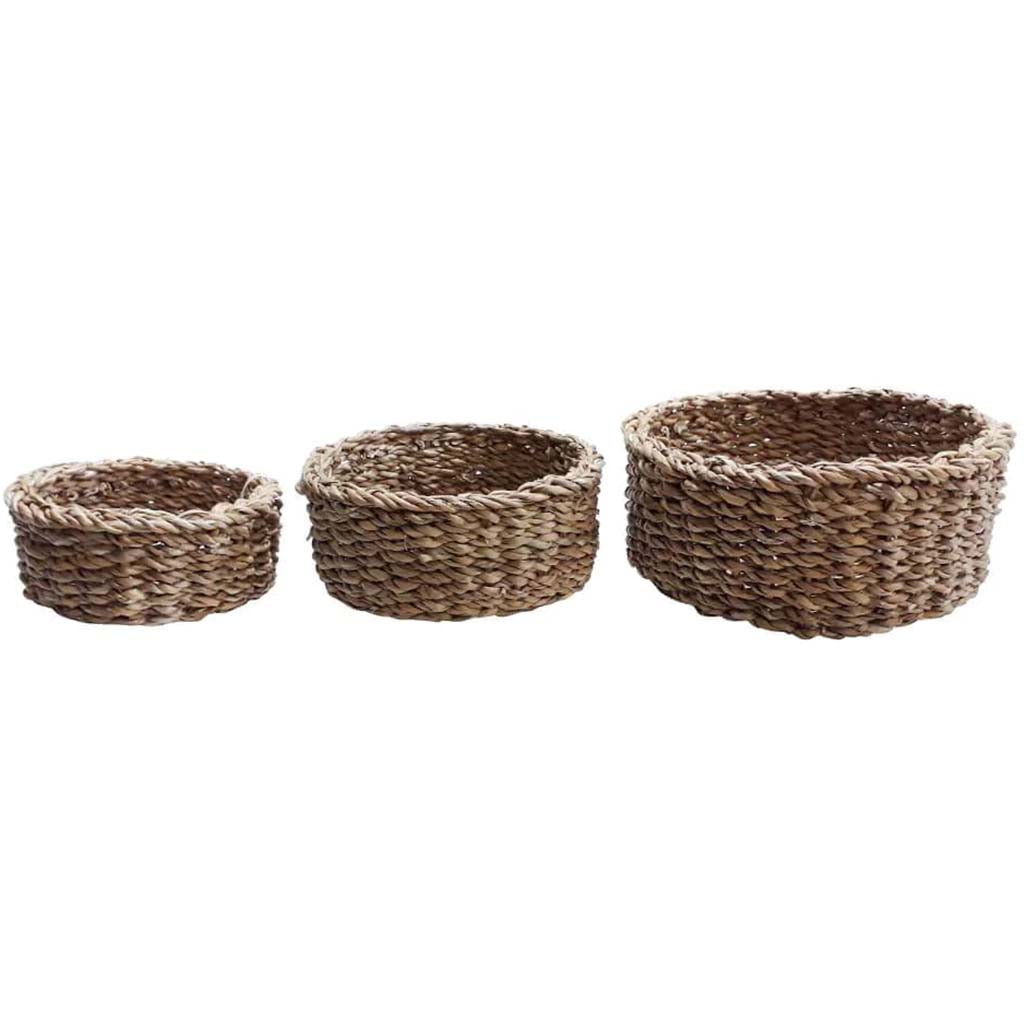 Handmade Hogla Basket Round Natural Set of 3 