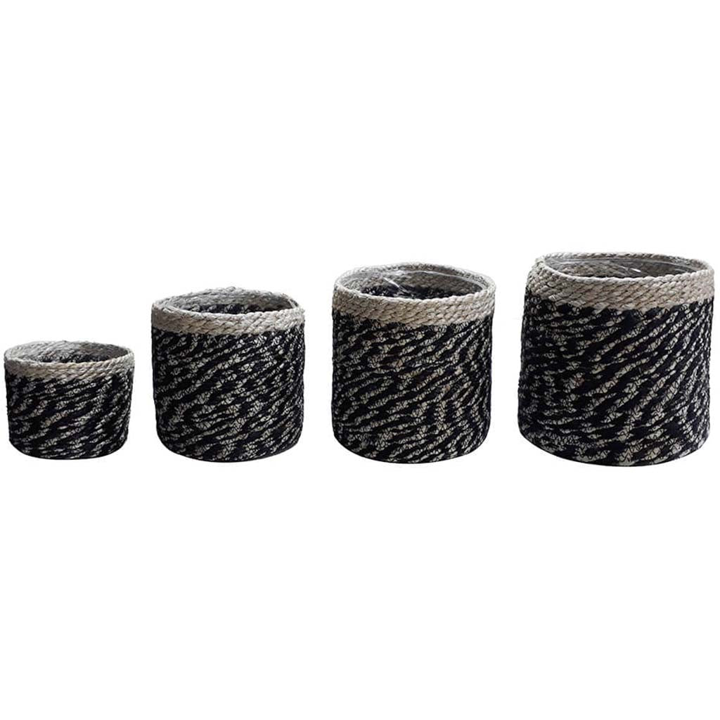 Round Tall Jute Rope Basket Black &amp; Ivory Pattern Pvc Set of 5 